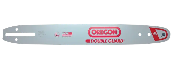 Sølvfarvet Oregon Double Guard motorsavssværd med rødt logo, aflang monteringsslids og 91-markering.