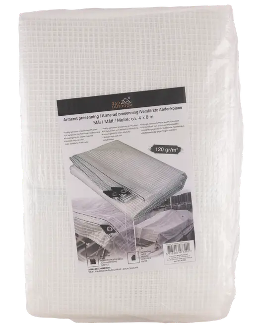 Hvid armeret vævstarp, 4 x 8 m, 120 g/m², pakket med produktetiket og stregkode.