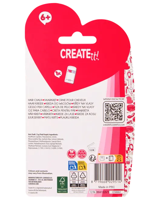 Create It! hårkridt til børn fra 6 år, vegansk og glutenfri, pink/lilla farve, enkelt pakke, nem at påføre, midlertidig hårfarve, inkluderer instruktioner.