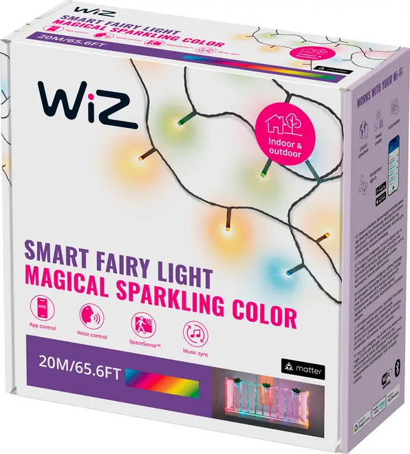 WiZ Smart Fairy Light, 20 meter (65,6 fod), flerfarvet, app- og stemmestyring, til indendørs/udendørs brug, musik-synkronisering, kompatibel med Matter, magiske farveeffekter.