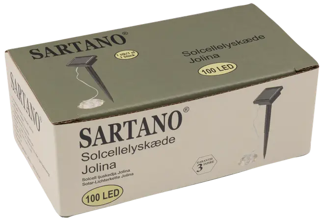 SARTANO Jolina solcellsljusslinga i förpackning med 100 LED, med bild av solcellslampa på markspett.