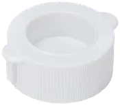 Vit plastskruvkork med räfflade sidor för grepp, stor öppning i mitten och två små sidoflikar för enkel hantering. Passar flaskor eller behållare.