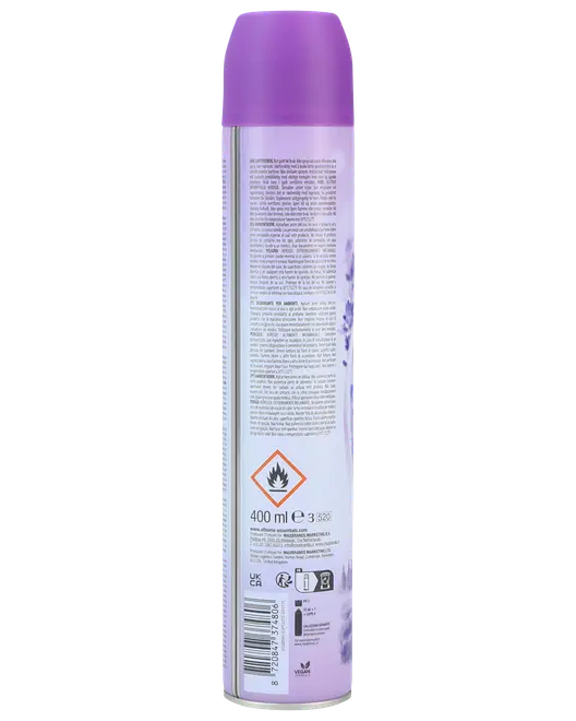 Lavendelfarvet aerosoldåse med lilla låg, cylindrisk design, 400 ml størrelse og advarselsmærke på bagsiden.