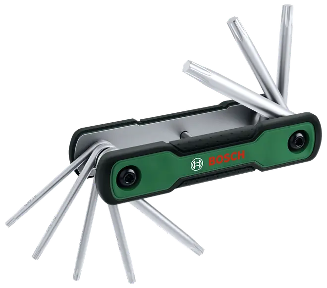 Bosch multiværktøj med grøn og sort håndtag, flere udfoldelige unbrakonøgler i forskellige størrelser. Kompakt, bærbart design til gør-det-selv og reparation.