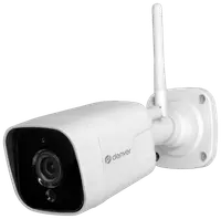 Hvid udendørs sikkerhedskamera med antenne, vægbeslag og sort linseområde. Denver-logo, vejrbestandigt kabinet og trådløs forbindelse til overvågning.