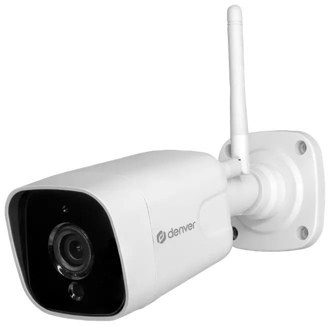 Vit utomhusövervakningskamera med antenn, väggfäste och svart linsområde. Denver-logotyp, väderbeständigt hölje och trådlös anslutning för övervakning.