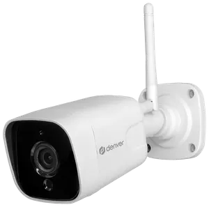 Hvid udendørs sikkerhedskamera med antenne, vægbeslag og sort linseområde. Denver-logo, vejrbestandigt kabinet og trådløs forbindelse til overvågning.