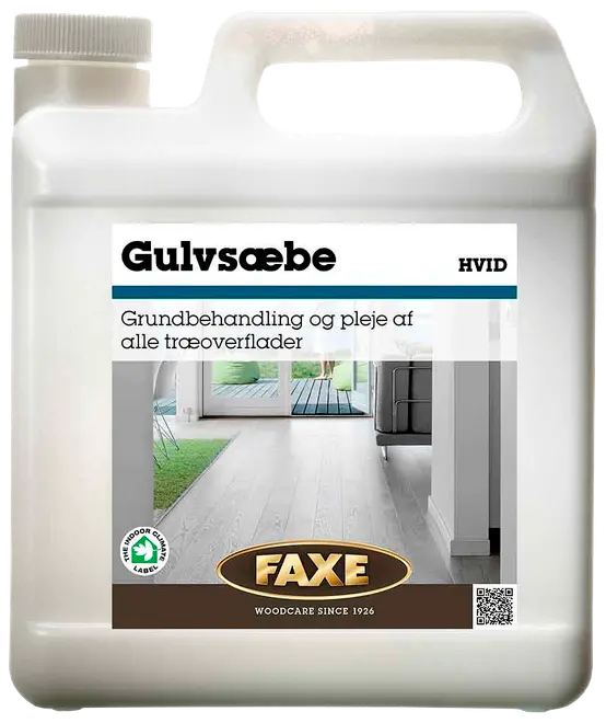 Hvid gulvsæbe til grundbehandling og pleje af alle træoverflader. Leveres i stor plastdunk med hank. Velegnet til indendørs brug. Mærke: Faxe.