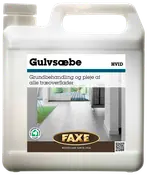 Hvid gulvsæbe til grundbehandling og pleje af alle træoverflader. Leveres i stor plastdunk med hank. Velegnet til indendørs brug. Mærke: Faxe.