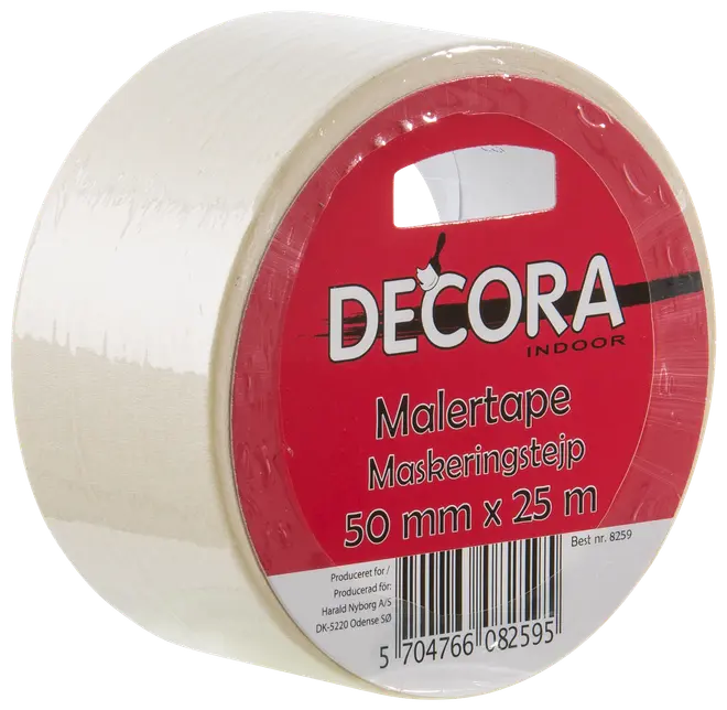 Rulle Decora maskeringstejp för inomhusbruk, 50 mm bred och 25 meter lång. Krämfärgad tejp med röd etikett, lämplig för målningsarbeten.