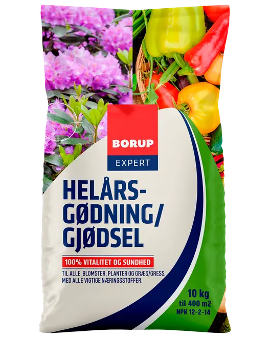 Borup Expert helårsgødning, 10 kg, til blomster, planter og græs. Farverig emballage med billeder af blomster og grøntsager. NPK 12-2-14.