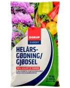 Borup Expert helårsgødning, 10 kg, til blomster, planter og græs. Farverig emballage med billeder af blomster og grøntsager. NPK 12-2-14.
