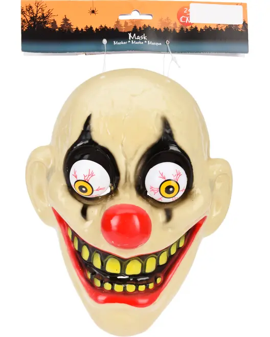 Skrämmande clownmask med utstående gula ögon, röd näsa, överdrivet rött leende och gula tänder. Tillverkad i plast, perfekt för Halloween eller maskerad.