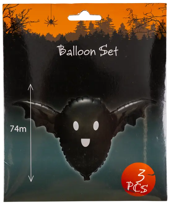 Sæt med tre sorte balloner formet som flagermus med smilende ansigt, 74 cm. Perfekt til Halloween dekoration. Pakning med uhyggelig skov og edderkop.