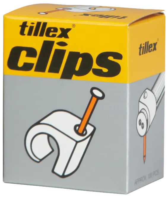 Förpackning med Tillex kabelklämmor, cirka 100 stycken. Vita plastklämmor med integrerade spikar för fastsättning av kablar på väggar. Passar elinstallation och kabelhantering.