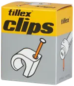 Æske med Tillex kabelclips, cirka 100 stk. Hvide plastclips med integrerede søm til fastgørelse af kabler på vægge. Velegnet til elinstallation og kabelstyring.