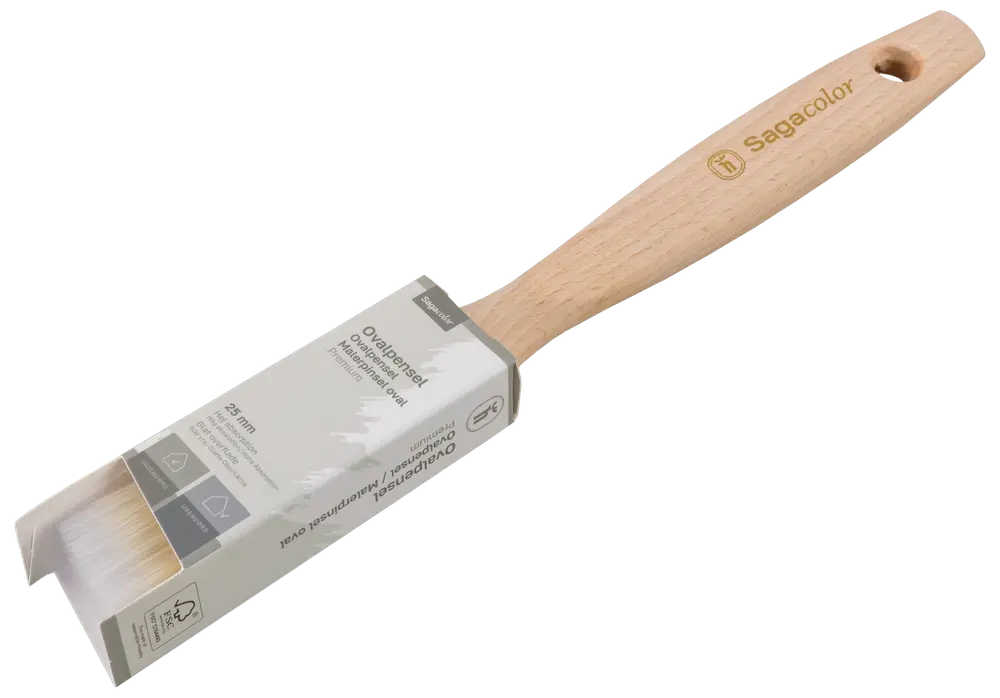 Flad malerpensel med lyst træskaft, syntetiske børster og ophængshul. Velegnet til kanter og hjørner. Leveres med mærket papomslag.