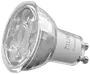 LED-spotpære med facetslebet klart glas, GU10-fatning og flere synlige LED-dioder. Passer til smart belysning, mærket "hue Essentials."