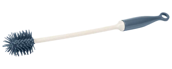 Flaskborste med långt handtag, blått flexibelt silikonhuvud och ergonomiskt blått handtag. Perfekt för rengöring av flaskor och smala kärl.