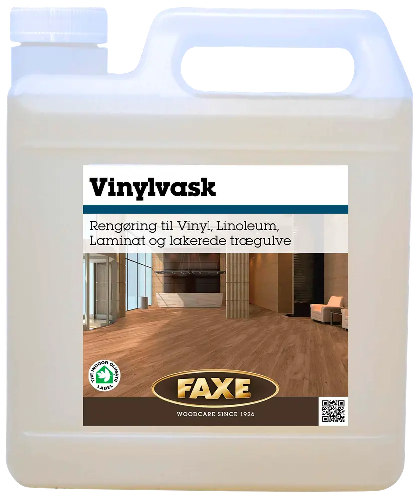 FAXE Vinylvask gulvvask i plastdunk, egnet til rengøring af vinyl, linoleum, laminat og lakerede trægulve. Med håndtag for nem hældning og tydelig produktetiket.