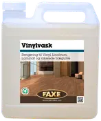 FAXE Vinylvask gulvvask i plastdunk, egnet til rengøring af vinyl, linoleum, laminat og lakerede trægulve. Med håndtag for nem hældning og tydelig produktetiket.