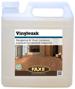 FAXE Vinylvask gulvvask i plastdunk, egnet til rengøring af vinyl, linoleum, laminat og lakerede trægulve. Med håndtag for nem hældning og tydelig produktetiket.
