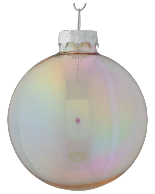 Rund julgranskula i glas med skimrande pärlemorfinish. Har silverfärgad metallkapsel och upphängningsögla. Subtila regnbågsnyanser syns på den släta ytan.