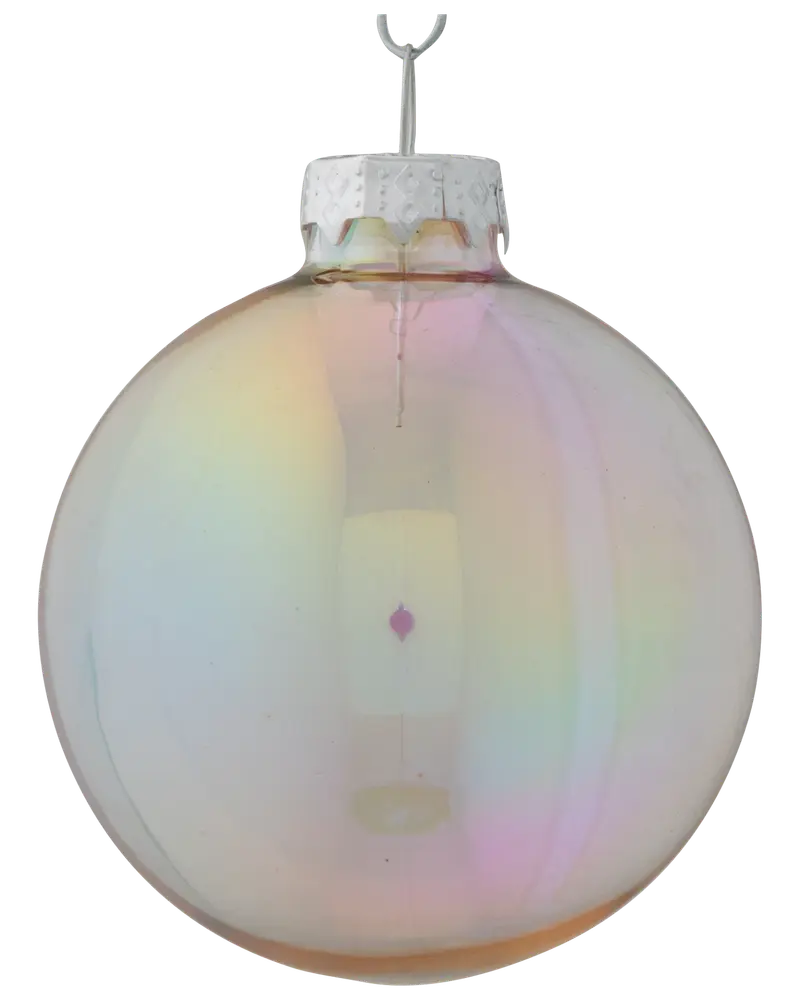 Rund julgranskula i glas med skimrande pärlemorfinish. Har silverfärgad metallkapsel och upphängningsögla. Subtila regnbågsnyanser syns på den släta ytan.