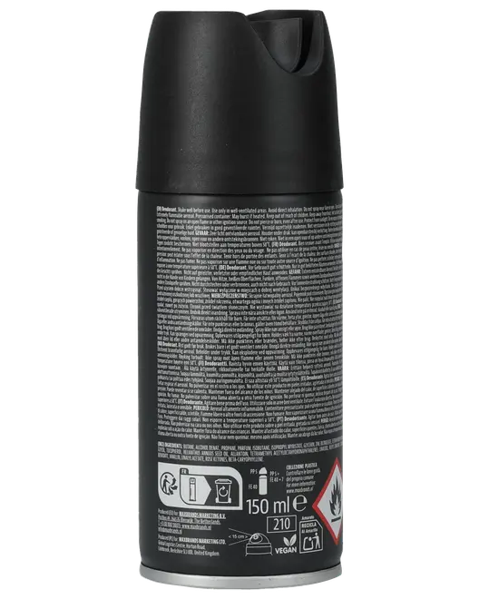 Sort 150 ml aerosolflaske med mat hætte, tæt tekstetiket, vegansk ikon og advarselssymbol for brandfarligt indhold.