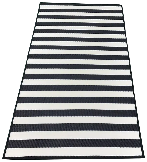 Rektangulär matta med breda svarta och vita horisontella ränder, flatvävd struktur, modern design, passar både inomhus och utomhus, ger ett samtida uttryck.