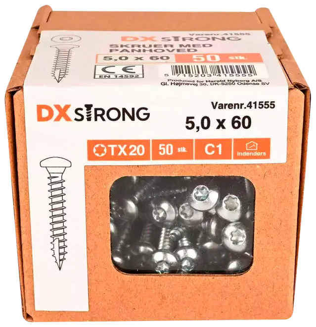 Låda med 50 DX Strong skruvar, storlek 5,0 x 60 mm, med panhuvud och TX20-spår, för inomhusbruk. Skruvarna syns genom ett fönster.