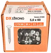 Låda med 50 DX Strong skruvar, storlek 5,0 x 60 mm, med panhuvud och TX20-spår, för inomhusbruk. Skruvarna syns genom ett fönster.