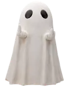 Hvid spøgelsesfigur med sorte øjne, klædt i kappe, begge hænder løftet og viser langefingre. Sjov eller provokerende Halloween- eller boligdekoration, mat overflade.