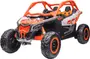 Orange og sort legetøjs off-road køretøj med robuste dæk, detaljeret frontgitter, sikkerhedsbur og to sæder. Realistisk design, velegnet til børn, perfekt til udendørs leg.