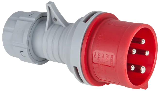 Industriel stikprop i rød og grå med fem metalben, robust plastkabinet, egnet til høje strømstyrker, IP44-klassificeret for vand- og støvbeskyttelse, anvendes i erhverv og industri.