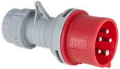 Industriell elkontakt i rött och grått med fem metallstiftar, robust plasthölje, IP44-klassad för vatten- och dammskydd, för högström i industriella miljöer.