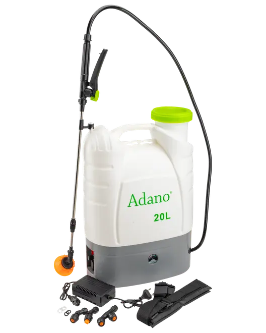 Hvid Adano rygsprøjte på 20 liter med grøn låg, sort sprøjtelanse, justerbar dyse, skulderstropper og tilbehør til sprøjtning i have eller landbrug.