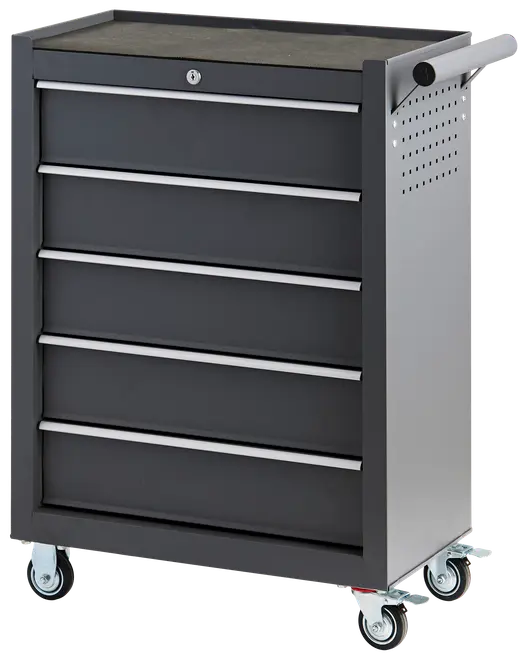 Sort metal værktøjsskuffe med fem skuffer, låsbar top, sidehåndtag, perforeret sidepanel og fire hjul. Perfekt til opbevaring af værktøj i værksted eller garage.