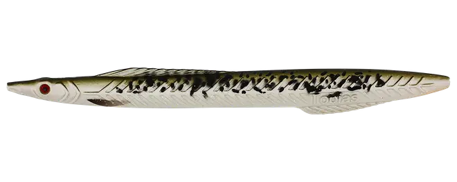 Lang, slank fiskelokke med sølvfarvet krop, sortstribet ryg, rødt øje og tilspidset minnow-form.