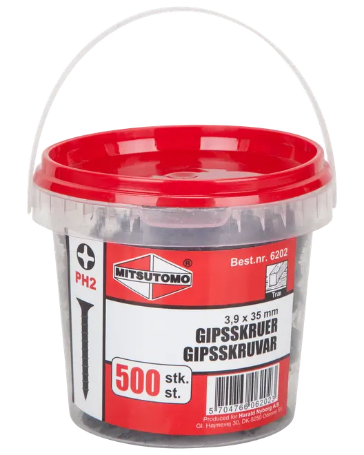 Plasthink med rött lock innehåller 500 Mitsutomo gipsskruvar, 3,9 x 35 mm, PH2-huvud, lämplig för trä, etiketterad på flera språk.