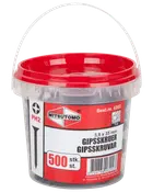 Plasthink med rött lock innehåller 500 Mitsutomo gipsskruvar, 3,9 x 35 mm, PH2-huvud, lämplig för trä, etiketterad på flera språk.