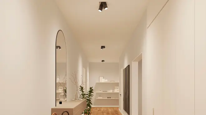 Moderne gang med hvide vægge, trægulv og sorte loftsspots. Stor buet spejl, minimalistisk indretning, planter og åbne hylder giver et rent, moderne udtryk.