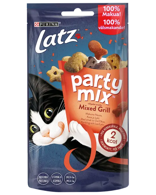 Purina Latz Party Mix Mixed Grill kattgodis, 60g återförslutningsbar påse, färgglada former, innehåller protein, vitaminer, omega 6 och 2 kcal per bit. Lekfull kattillustration.