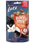 Purina Latz Party Mix Mixed Grill kattgodis, 60g återförslutningsbar påse, färgglada former, innehåller protein, vitaminer, omega 6 och 2 kcal per bit. Lekfull kattillustration.