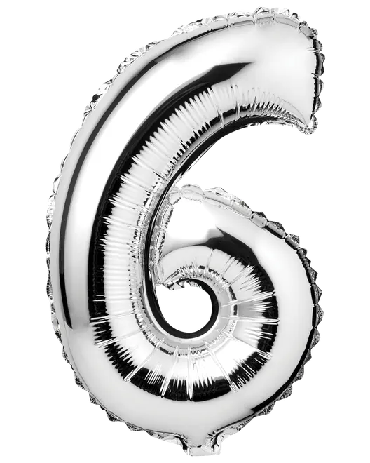 Blank sølvfolieballon formet som tallet seks, med metallisk finish og selvforseglende ventil. Perfekt til fødselsdage, jubilæer eller fester. Ca. 86 cm høj oppustet.