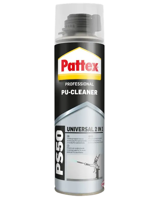 Pattex Professional PU-Cleaner PS50, universal 2-i-1 rengøringsspray til polyurethanskumpistoler, sort og sølv dåse med gennemsigtigt låg og brugervenlig dyse.