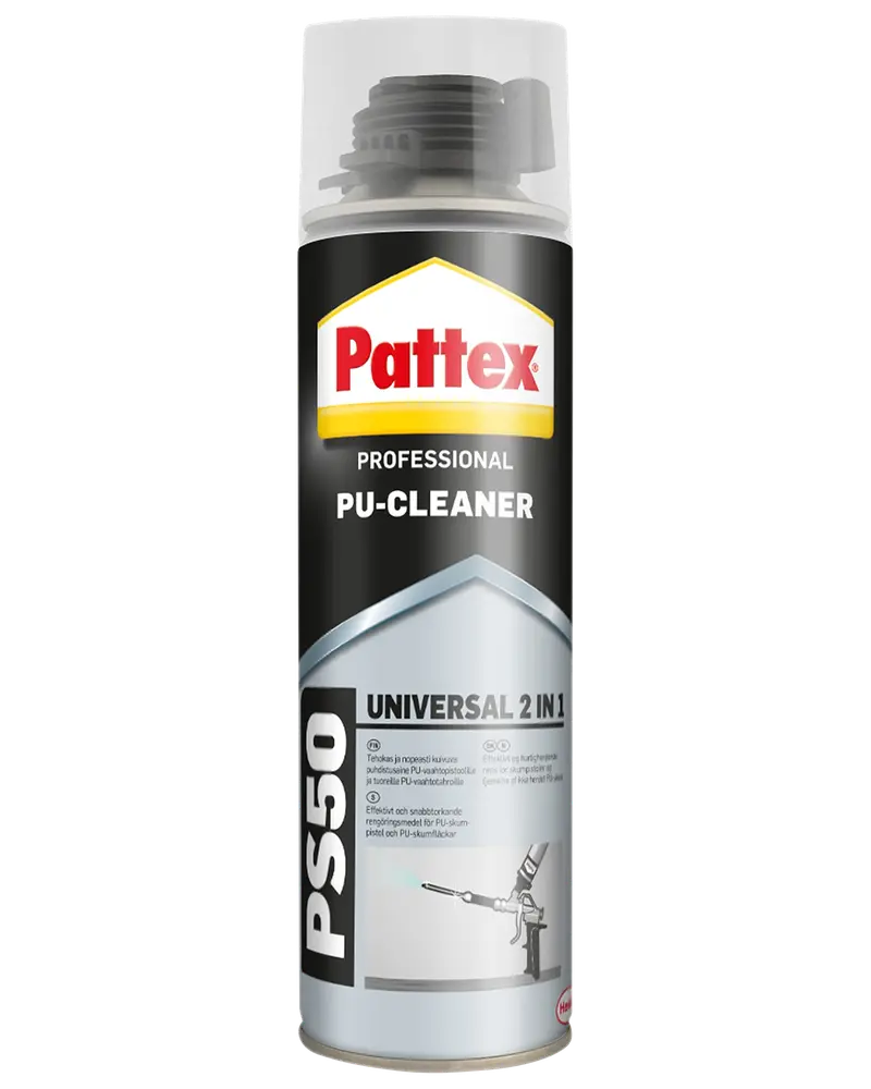 Pattex Professional PU-Cleaner PS50, universal 2-i-1 rengøringsspray til polyurethanskumpistoler, sort og sølv dåse med gennemsigtigt låg og brugervenlig dyse.