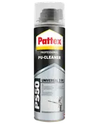Pattex Professional PU-Cleaner PS50, universal 2-i-1 rengøringsspray til polyurethanskumpistoler, sort og sølv dåse med gennemsigtigt låg og brugervenlig dyse.