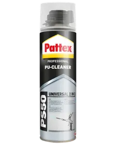 Pattex Professional PU-Cleaner PS50, universal 2-i-1 rengøringsspray til polyurethanskumpistoler, sort og sølv dåse med gennemsigtigt låg og brugervenlig dyse.