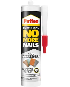 Pattex No More Nails limtube, krystalklar, egnet til alle materialer, til indendørs og udendørs brug. Inkluderer dyse for præcis påføring. Lim og forsegler uden søm.